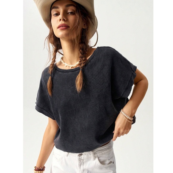 Black Cotton Oversized Cropped Muscle Tee Shirt Raw Hem and Inside Out Stitches - Picture 3 of 11
